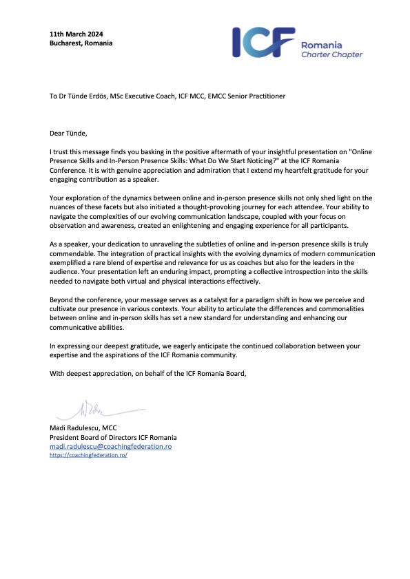 Thank you letter Tunde Erdos ICF Romania Conference 2024